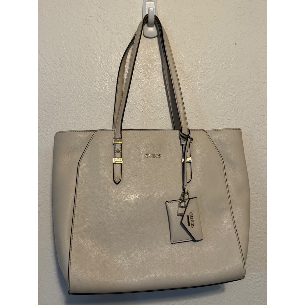 Guess Cream Saffiano PVC Tote Bag Silver Hardware Off White Shoulder Bag